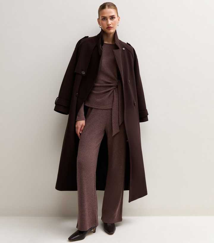 Dark Brown Soft Touch Tie Front Long Sleeve Top