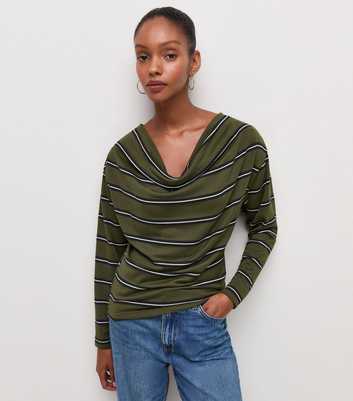 Green Soft Touch Stripe Cowl Neck Top
