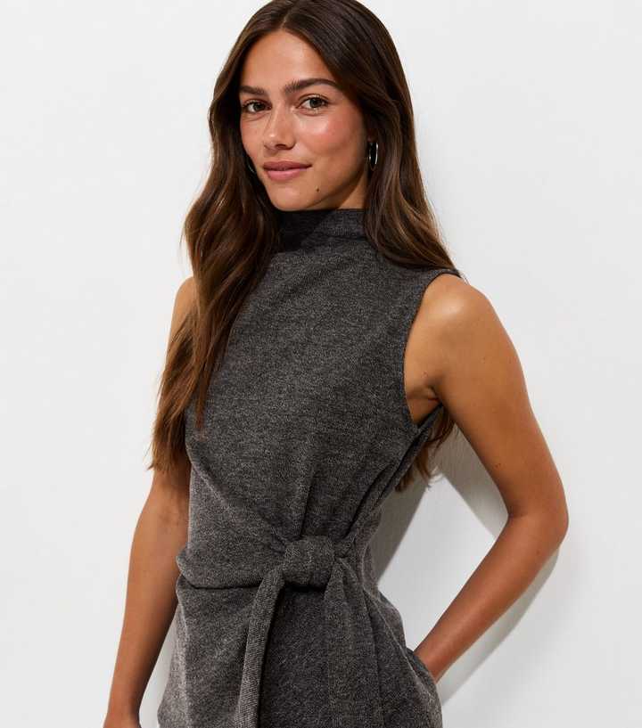 Petite Dark Grey Soft Touch Sleeveless Tie Waist Top