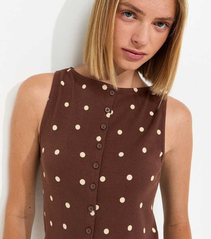 Brown Cotton Rich Polka Dot Button Through Tank Top