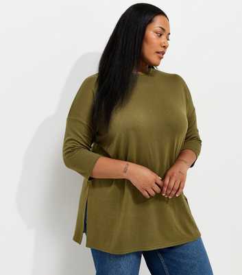 Curves Dark Khaki Soft Touch Cropped Sleeve Long Top