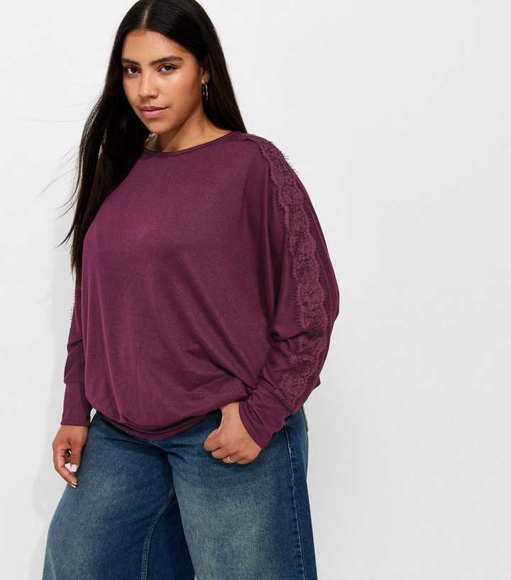 Curves Dark Burgundy Soft Touch Lace Trim Batwing Sleeve Top
