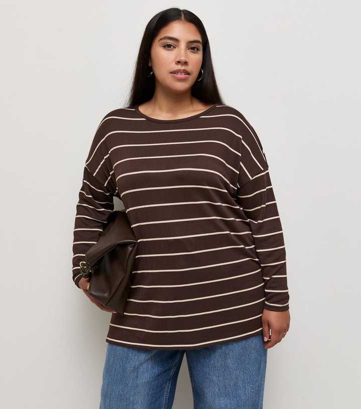 Curves Brown Stripe Soft Touch Long Sleeve Top