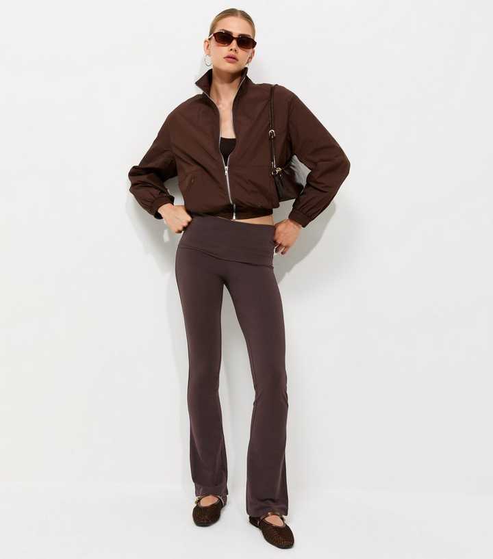 Dark Brown Cotton Rich Fold Over Waistband Flared Leggings