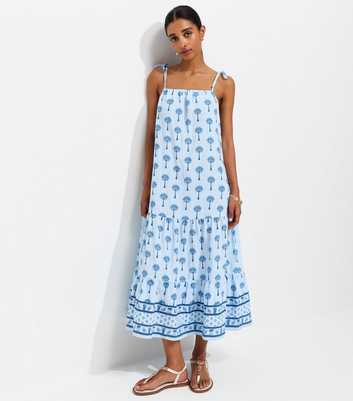 Blue Palm Print Tiered Midi Dress
