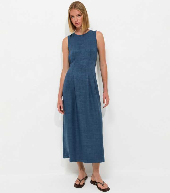 Blue Crepe Sleeveless Column Midi Dress