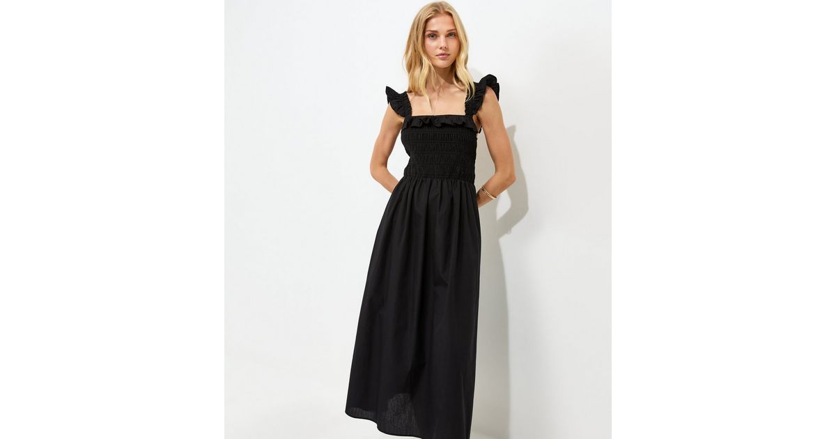 Black Cotton Tie Back Shirred Poplin Midi Dress