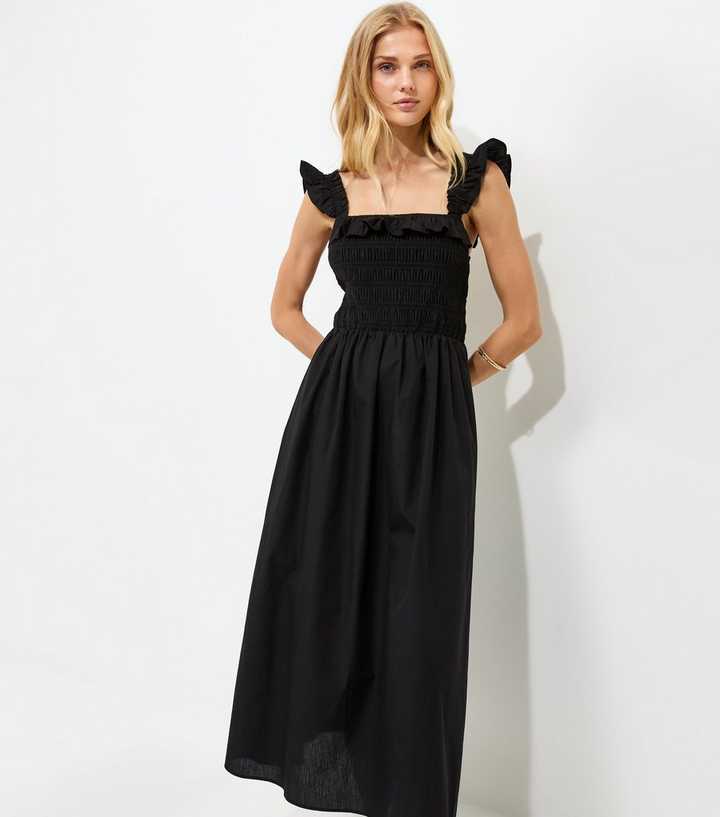 Black Cotton Tie Back Shirred Poplin Midi Dress