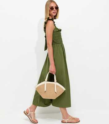 Dark Khaki Cotton Tie Back Shirred Poplin Midi Dress