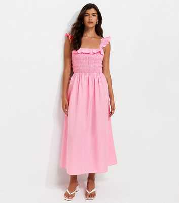 Light Pink Cotton Tie Back Shirred Poplin Midi Dress