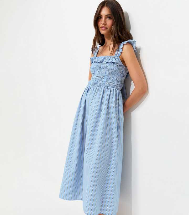 Blue Cotton Stripe Print Tie Back Shirred Midi Dress