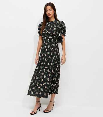 Black Floral Puff Sleeve Midi Dress