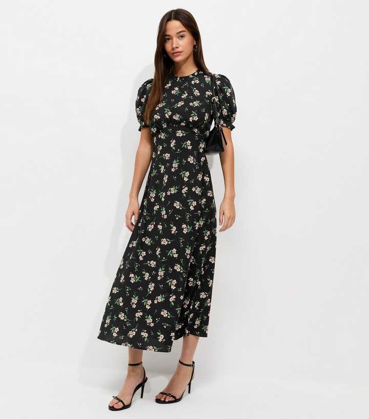 Black Floral Puff Sleeve Midi Dress