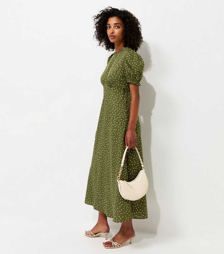 Green Crepe Polka Dot Puff Sleeve Midi Dress