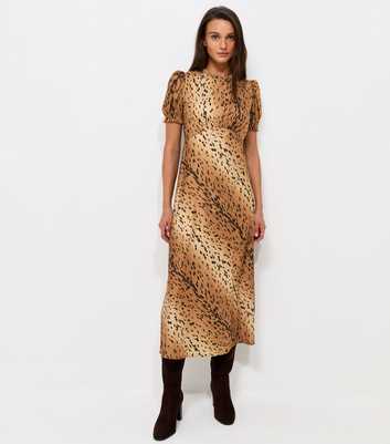 Brown Animal Print Puff Sleeve Midi Dress