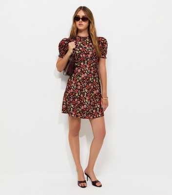 Black Floral Puff Sleeve Mini Tea Dress