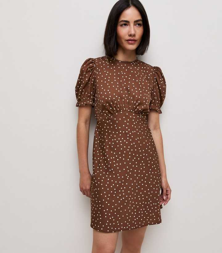Brown Crepe Spot Print Short Sleeve Mini Dress