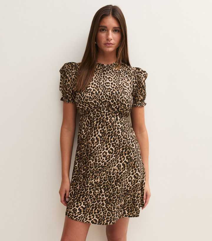 Brown Animal Print Short Sleeve Mini Dress