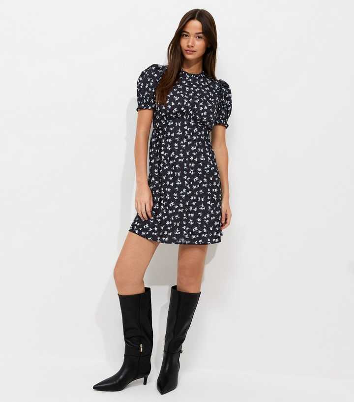 Blue Crepe Floral Print Short Sleeve Mini Dress