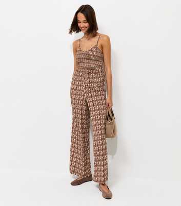 Brown Crepe Tile Print Shirred Wide Leg Jumpsuit