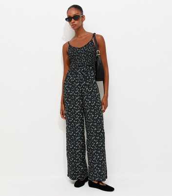 Black Ditsy Floral Shirred Wide Leg Jumpsuit