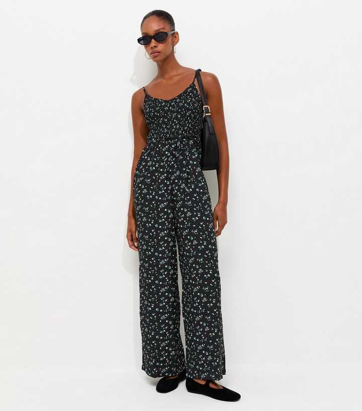 Black Ditsy Floral Shirred Wide Leg Jumpsuit