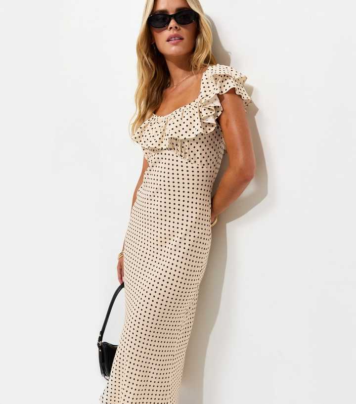 Petite Cream Spot Ruff Neck Midi Dress