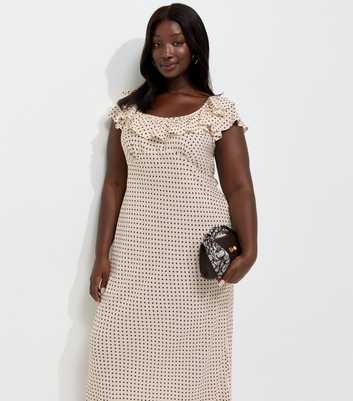 Curves Cream Polka Dot Ruffle Neck Midi Dress