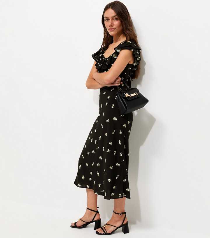 Petite Black Floral Print Ruffle Neck Midi Dress