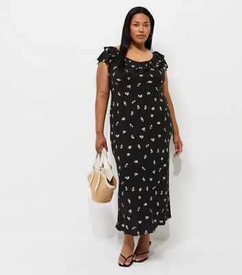 Curves Black Floral Print Ruffle Neck Midi Dress