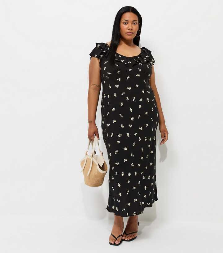 Curves Black Floral Print Ruffle Neck Midi Dress