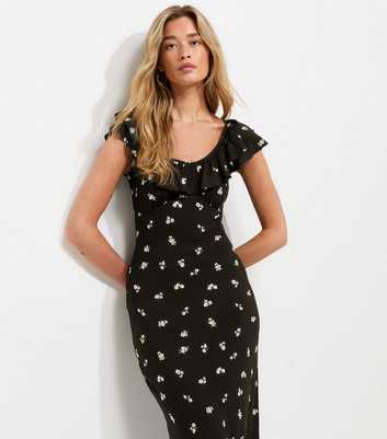 Tall Black Floral Print Ruffle Trim Midi Dress