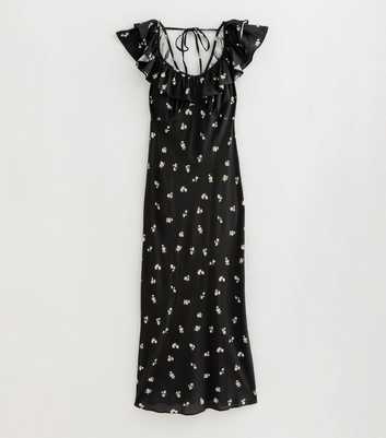 Black Floral Print Ruffle Trim Midi Dress