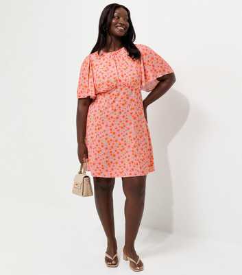Curves Orange Ditsy Pattern Flutter Sleeve Mini Dress