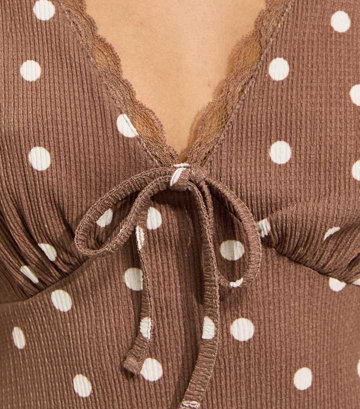 Petite Brown Crinkled Polka Dot Mini Dress | New Look