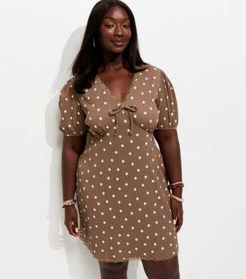 Curves Brown Crinkle Texture Spot Print Mini Dress