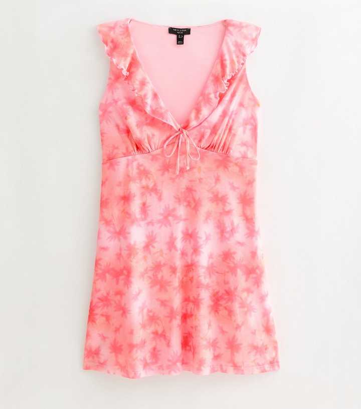 Petite Pink Floral Ruffle Trim V-Neck Mini Dress