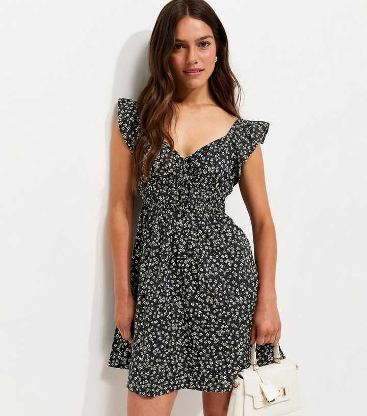 Petite Black Floral Print Frill Trim V-Neck Crepe Mini Dress