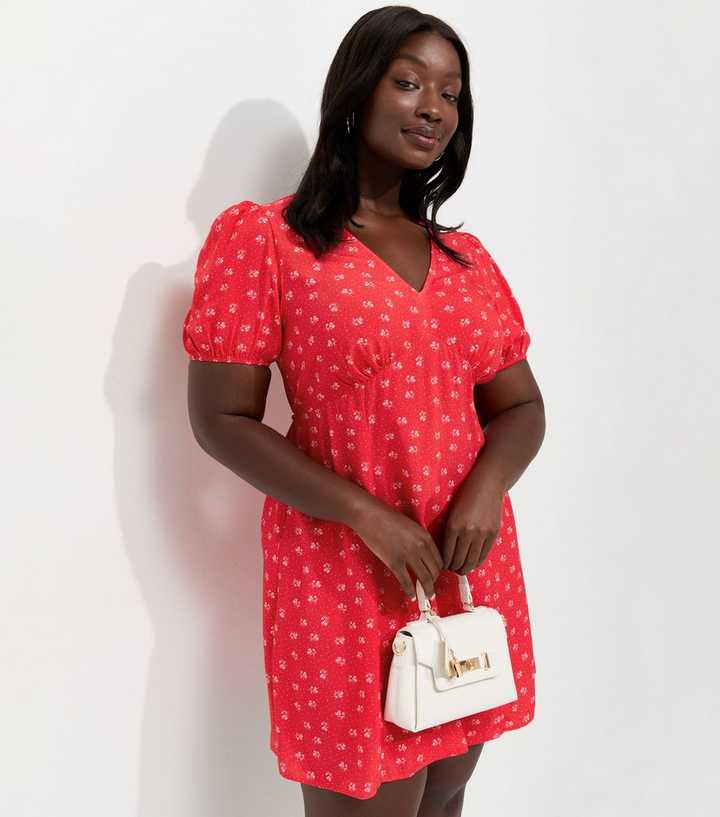 Curves Red Floral Short SLeeeve Mini Dress