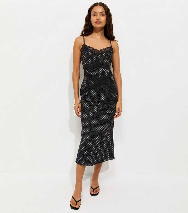 Petite Black Spot Print Lace Trim Mesh Midi Dress