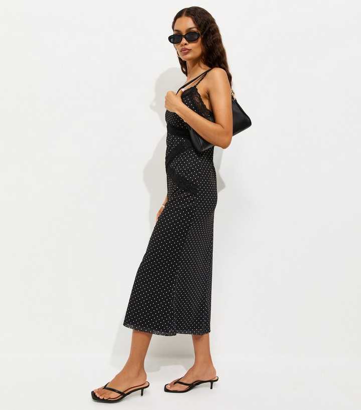 black dot mesh midi dress Black Square Rhinestone Mesh Midi Dress
