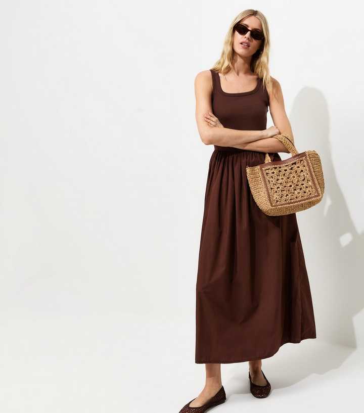 Tall Dark Brown Cotton 2 In 1 Poplin Midi Dress