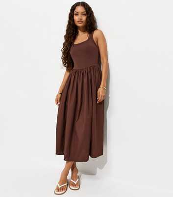 Petite Dark Brown Cotton 2 In 1 Poplin Midi Dress