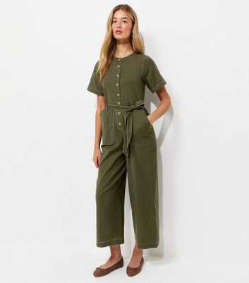 Tall Dark Khaki Contrast Stitch Button Jumpsuit