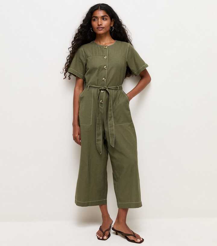 Petite Dark Khaki Cotton Rich Contrast Stitch Buttoned Jumpsuit