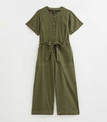 Petite Dark Khaki Cotton Rich Contrast Stitch Buttoned Jumpsuit