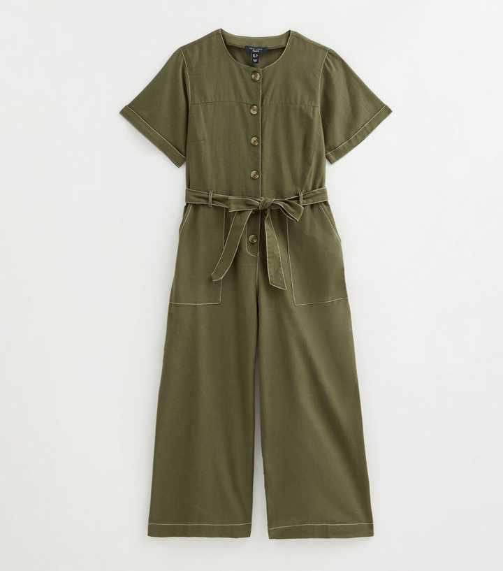 Petite Dark Khaki Cotton Rich Contrast Stitch Buttoned Jumpsuit