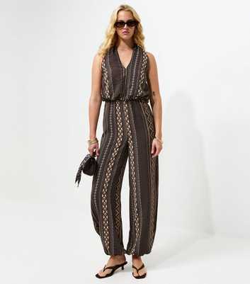 Tall Brown Geometric Halter Jumpsuit