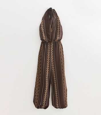 Tall Brown Geometric Halter Jumpsuit