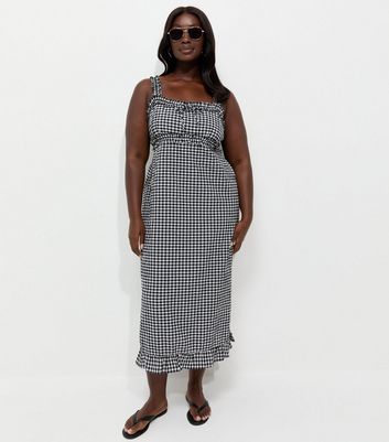 Curves Black Frilly Gingham Midi Dress | New Look
